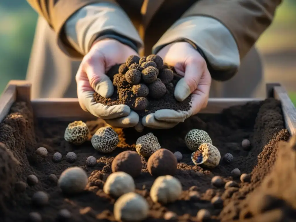 Un experto cazador de trufas en Italia desenterrando un valioso tesoro negro en un denso bosque