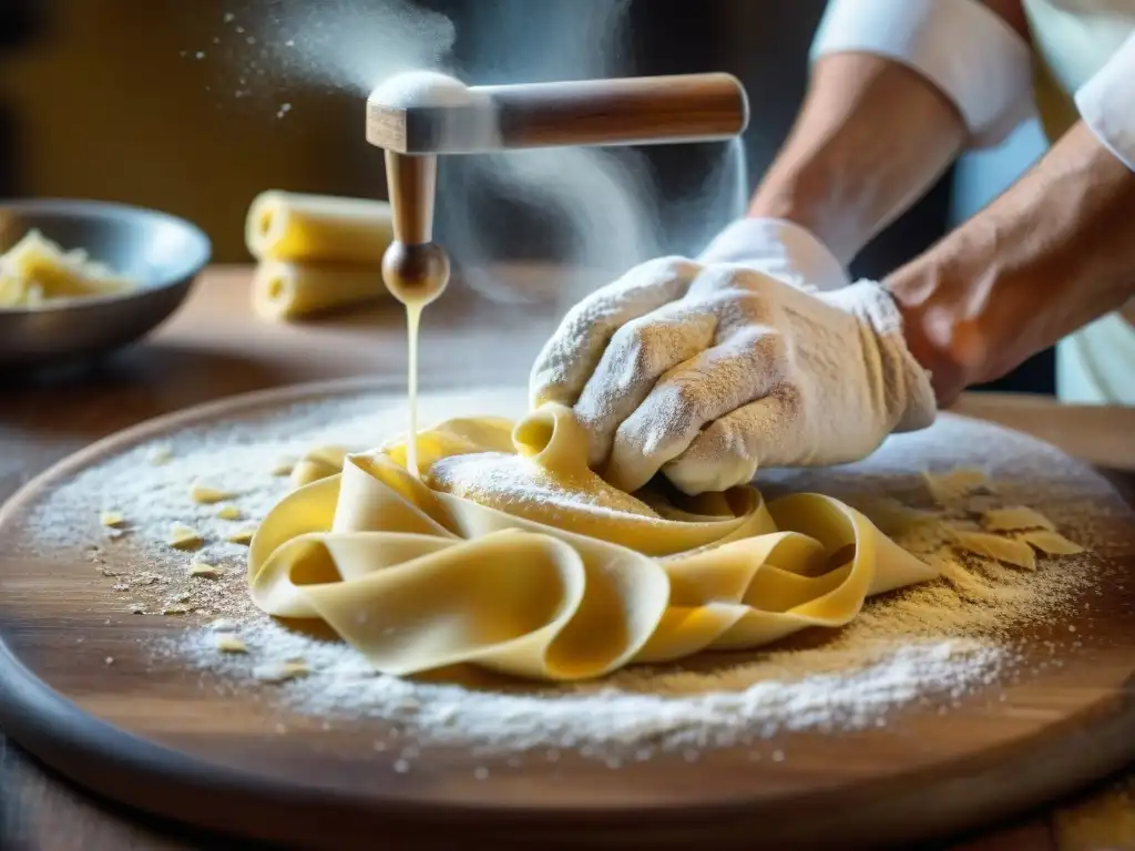 Un experto chef italiano moldea con destreza la masa de pasta a mano, en una cocina tradicional