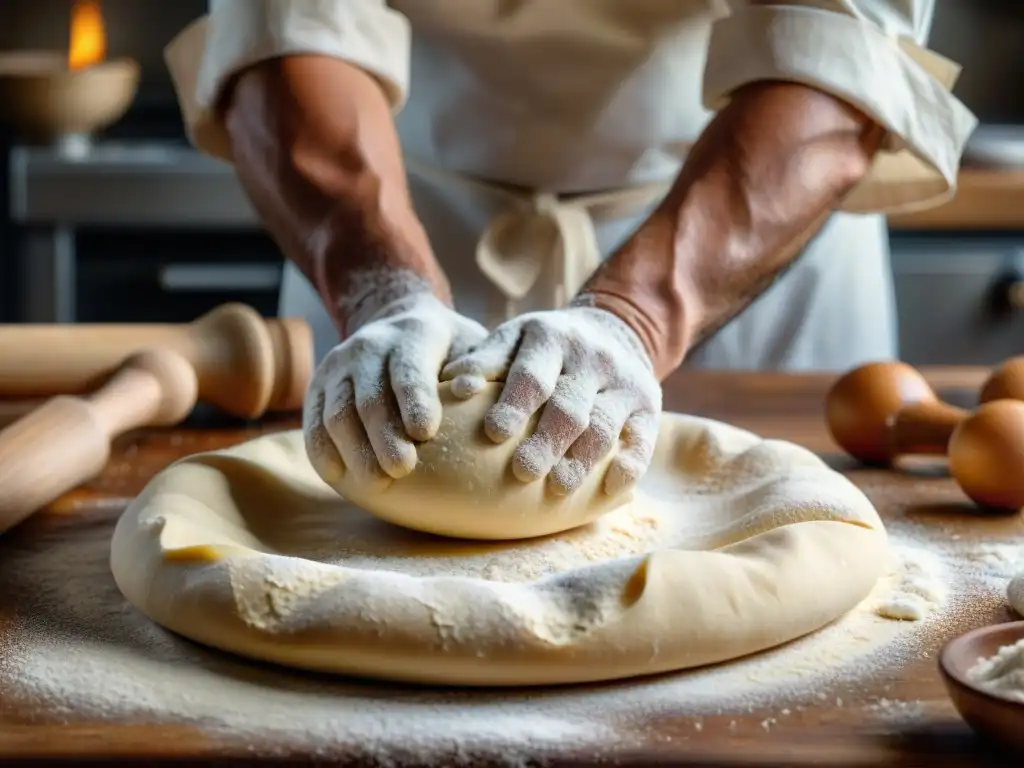 Un experto chef italiano amasa masa de pizza con un rodillo de madera, destacando la destreza y precisión