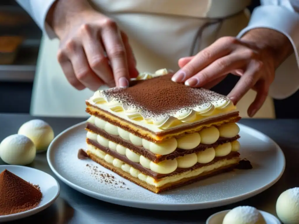 Un experto chef de pastelería italiana ensambla con cuidado un delicado tiramisú en una pastelería tradicional, mostrando las capas intricadas de crema de mascarpone, bizcochos de soletilla empapados en café y un toque de cacao en polvo