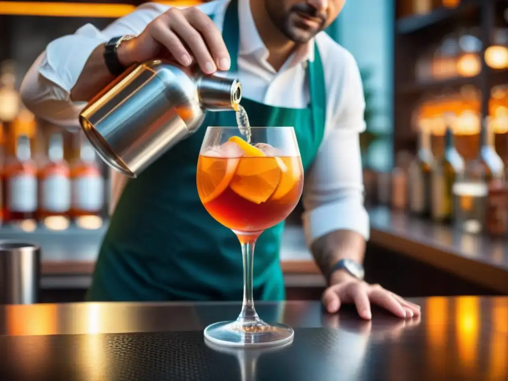 Un bartender experto prepara rápidamente un clásico cóctel italiano Aperol Spritz, mostrando la maestría en la mezcla de ingredientes