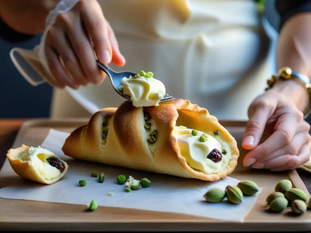 El experto chef rellena con destreza los cannoli sicilianos en una cocina tradicional