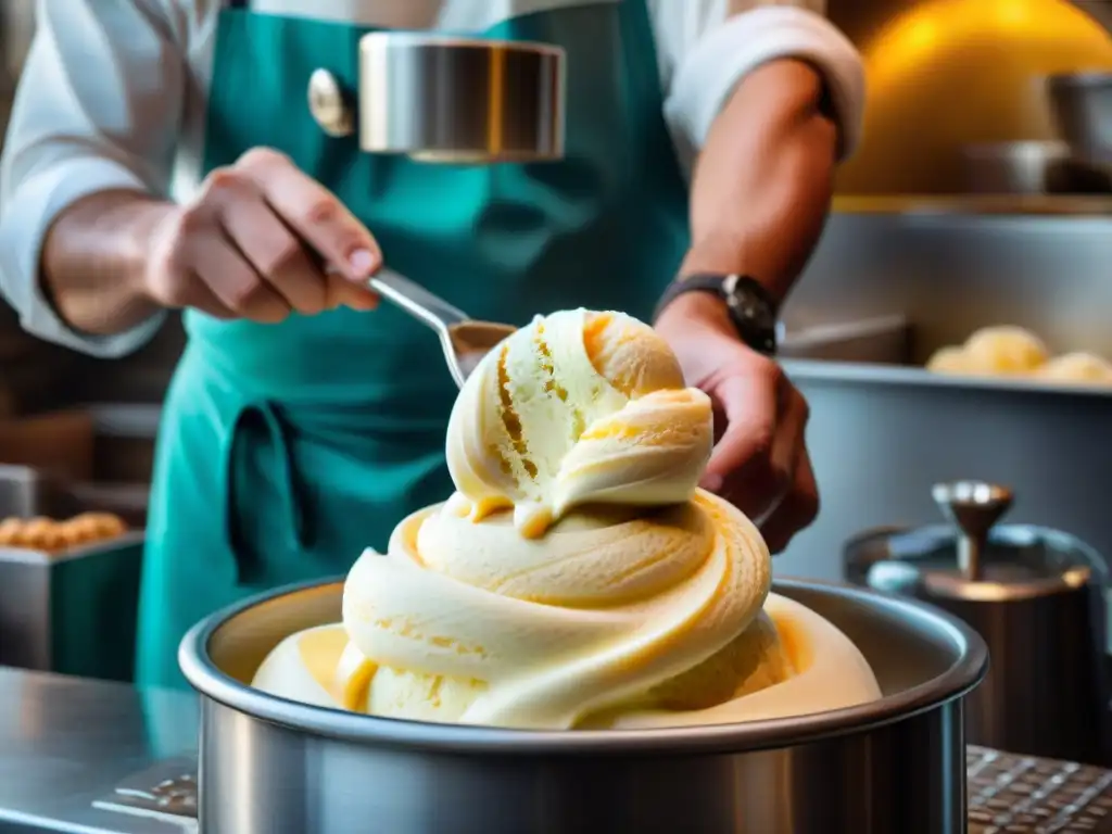 Experto en gelato artesanal churns mezcla en gelatería italiana