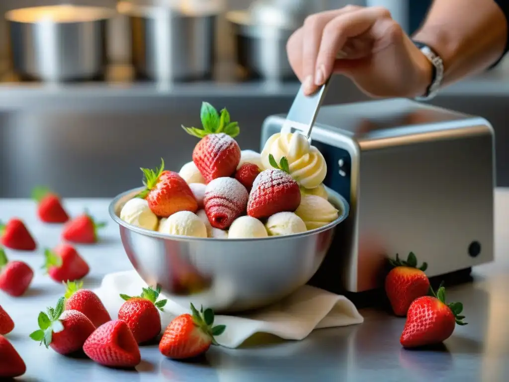 Un experto en gelato mezcla fresas frescas en una máquina brillante, destacando la meticulosa preparación