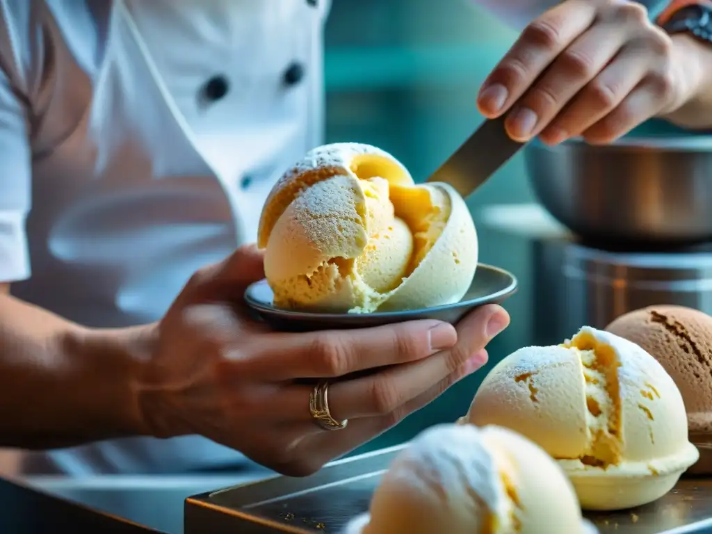 Un experto heladero italiano crea un vibrante gelato, resaltando la diferencia entre gelato y granita