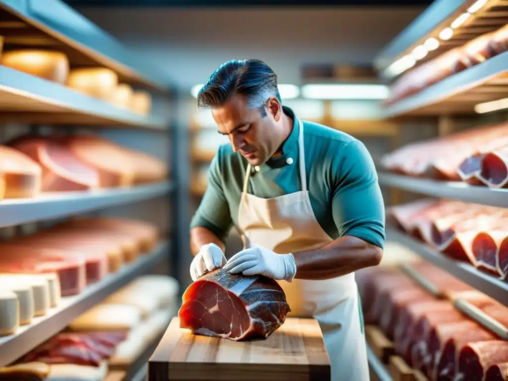 Un experto en prosciutto aplica ingredientes modernos a un jamón, mostrando técnicas modernas de curado de prosciutto