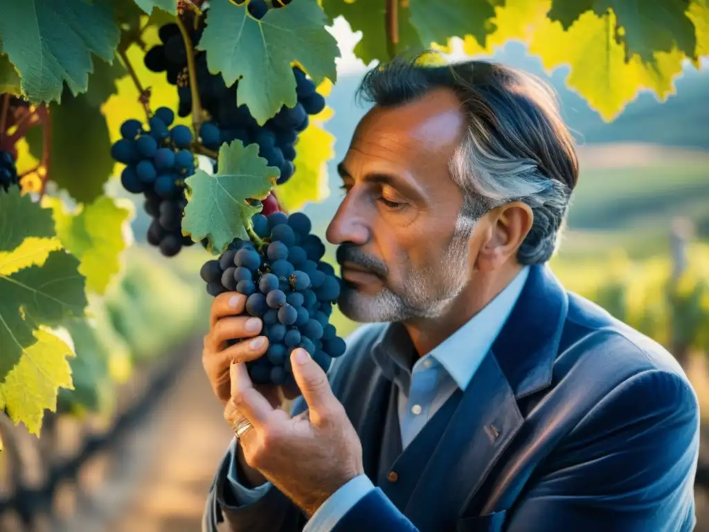 Experto en vinificación italiana inspeccionando uvas Sangiovese en viñedo soleado de la Toscana al atardecer