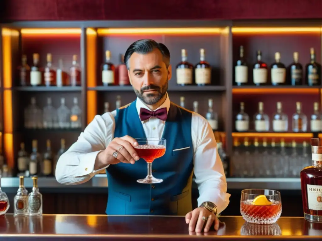 Un experto bartender italiano prepara un clásico Negroni en un acogedor bar de Florencia, resaltando la historia de los cócteles italianos