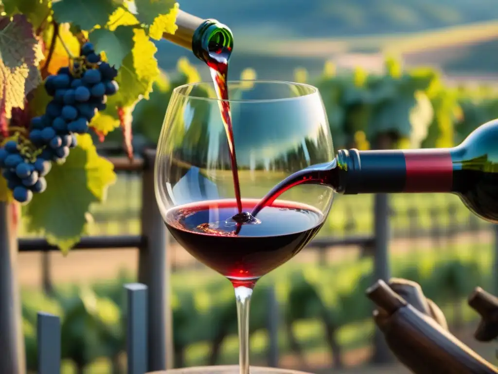 Un experto sommelier vierte vino tinto italiano en una copa de cristal, con un viñedo italiano al fondo