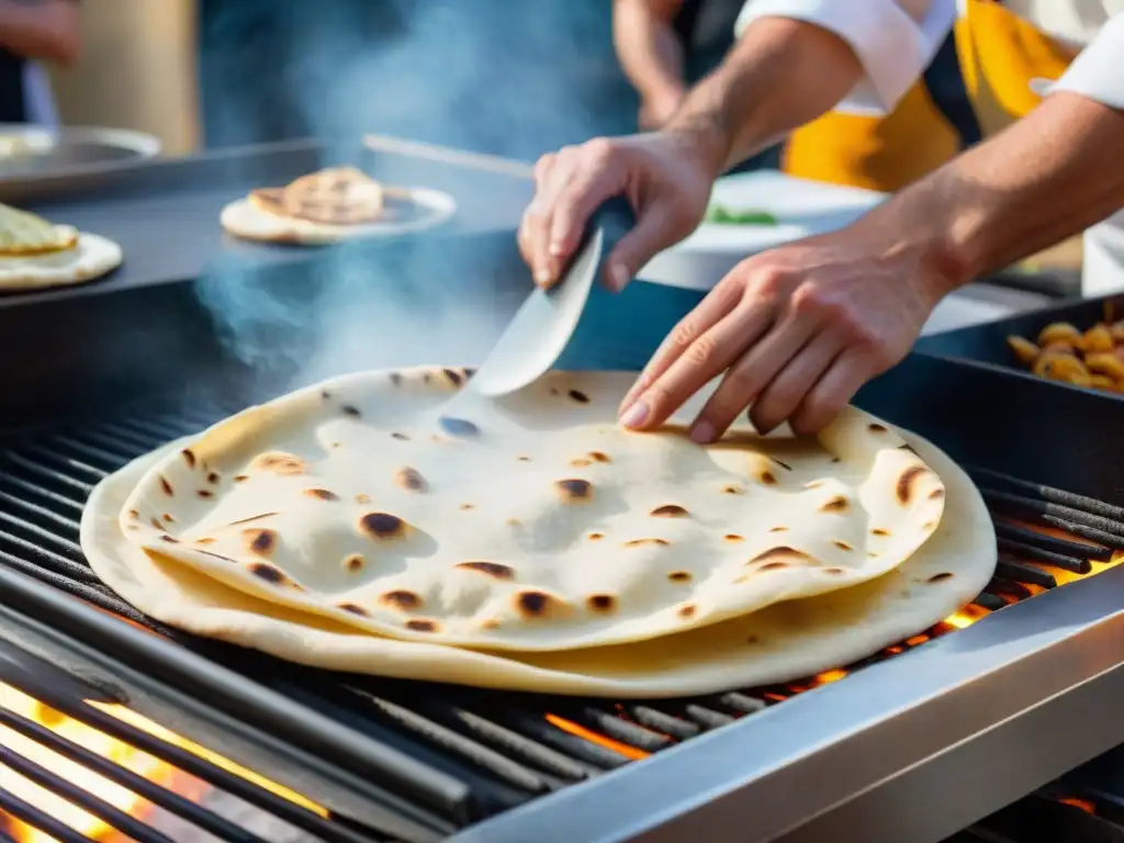 Un experto chef italiano prepara con destreza una auténtica piadina romagnola en un mercado bullicioso de Emilia-Romaña