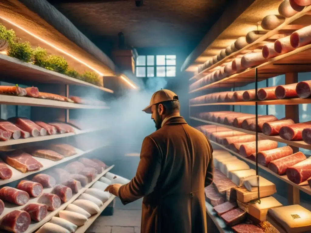 Un experto italiano cuelga embutidos en bodega rústica, mostrando técnicas de curado y ahumado italiano