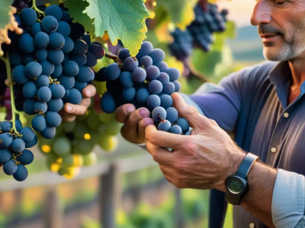 Experto viticultor italiano inspeccionando uvas Sangiovese en viña toscana bajo luz dorada