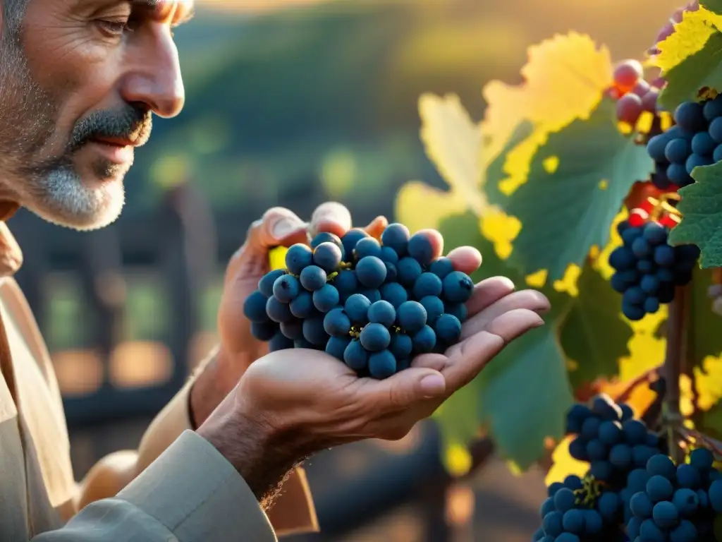 Un experto viticultor italiano inspecciona uvas Sangiovese bajo el sol de la Toscana, transmitiendo pasión y experiencia en la viña