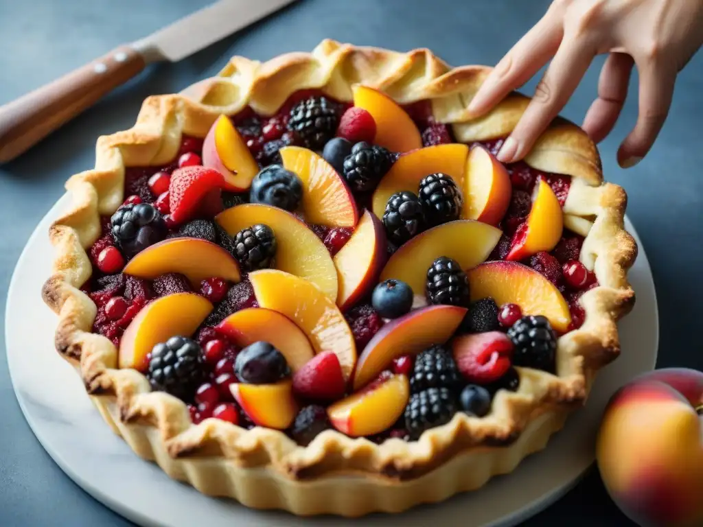 Un experto panadero crea una crostata de frutas en una cocina rústica italiana