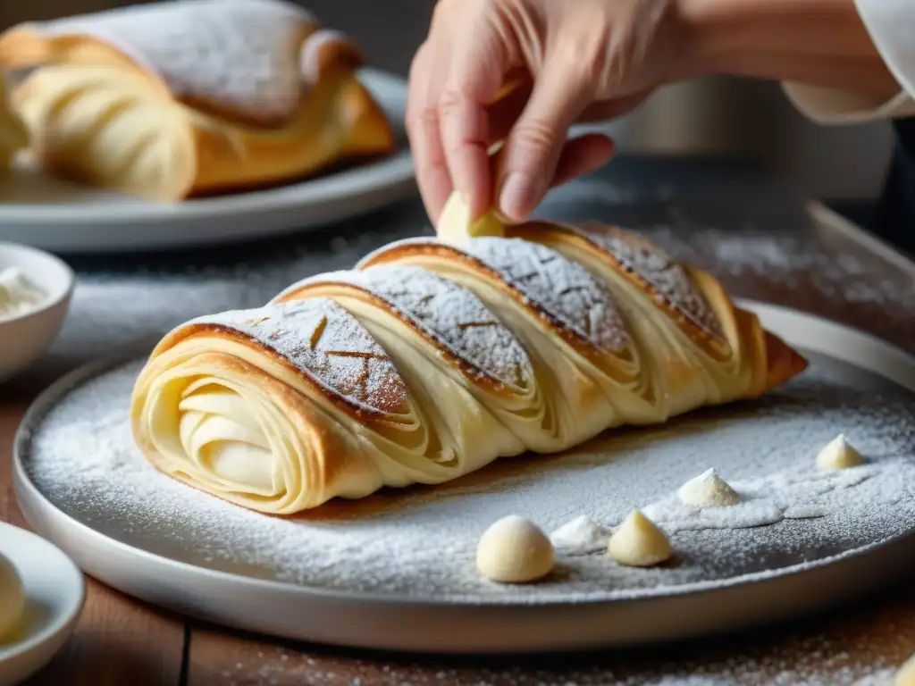 Un experto panadero crea con destreza una receta auténtica de sfogliatella italiana, mostrando arte y precisión en cada pliegue de la masa