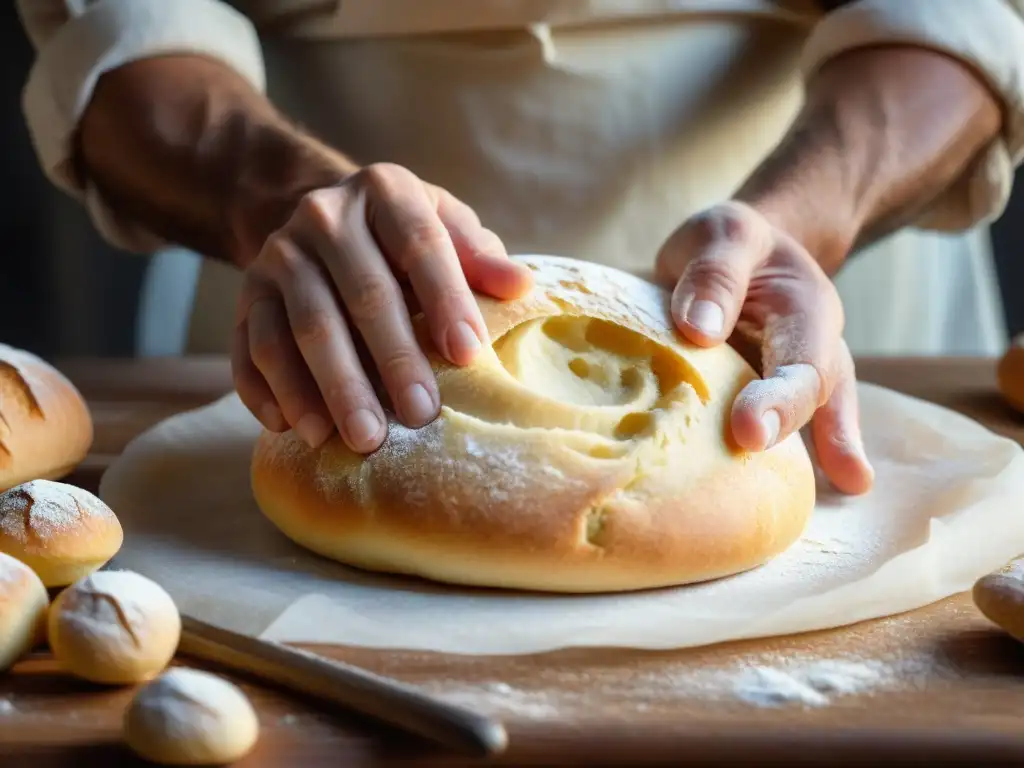 Un experto panadero amasa la masa dorada para Pan de Altamura receta tradicional, mostrando la artesanía y tradición