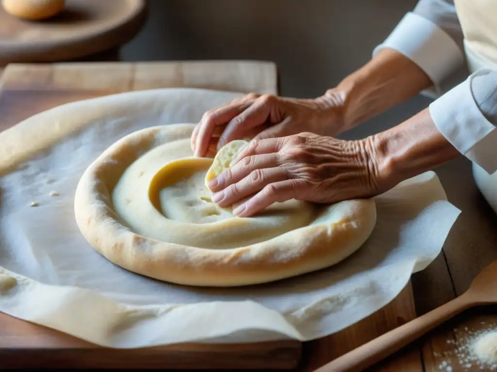 Un experto panadero estira la masa del Pane Carasau, mostrando el origen y receta de este tradicional pan sardo en una cocina rústica