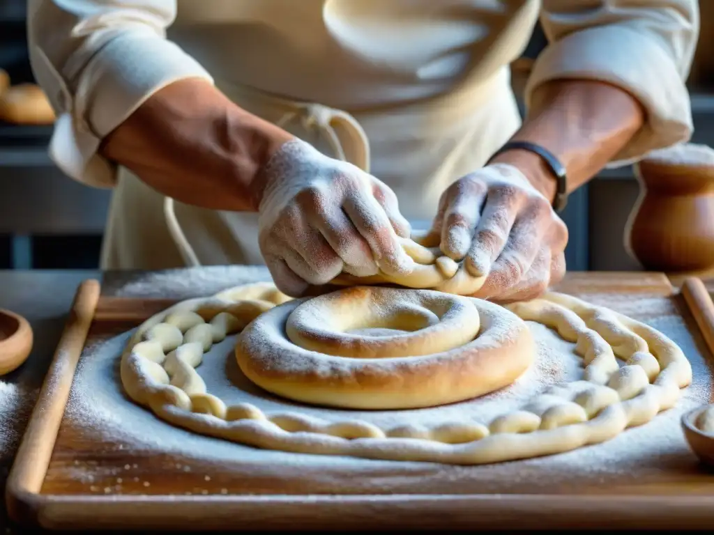 Un experto panadero moldea con maestría la masa de Taralli, mostrando la receta taralli crujientes italianos en un entorno auténtico y acogedor