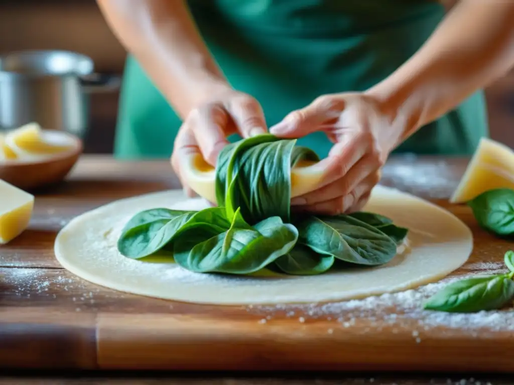 Experto en pasta fresca italiana amasando masa verde de espinacas