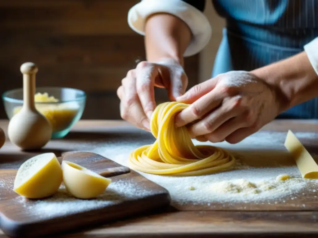 Un experto en pasta fresca amasa masa amarilla en taller de Bolonia