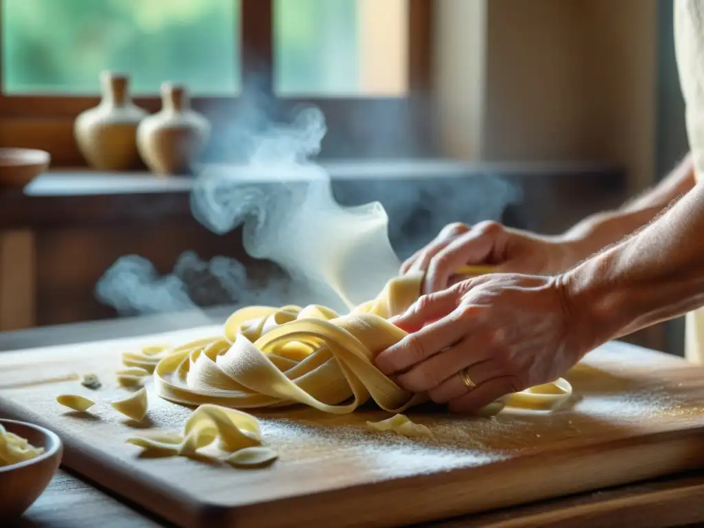 Experto en pasta italiana moldea tagliatelle