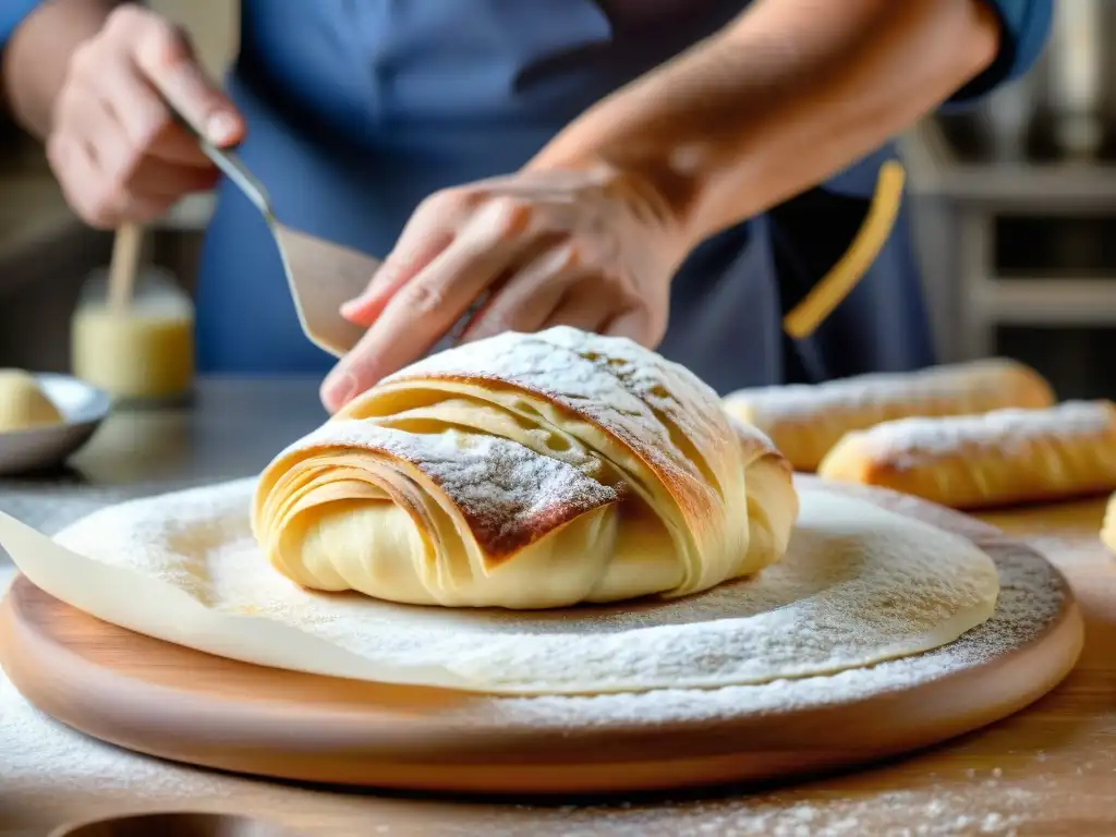 Un experto pastelero napolitano crea la sfogliatella tradicional con destreza, en una cocina auténtica llena de historia