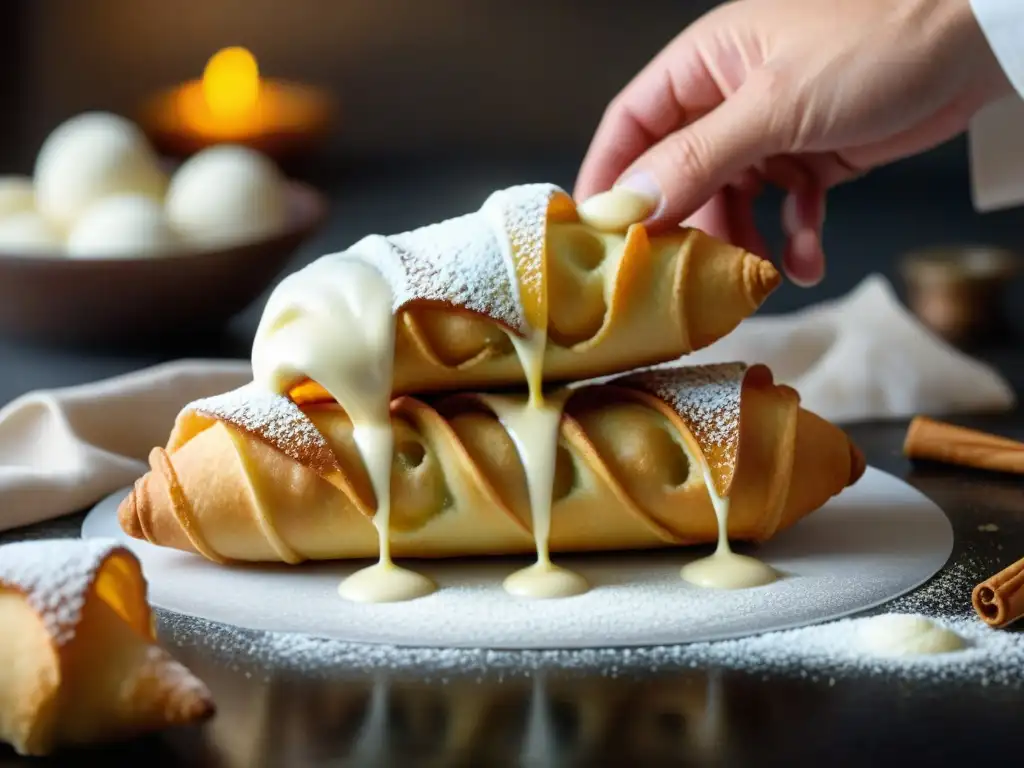 Un experto pastelero siciliano rellena cannoli con precisión