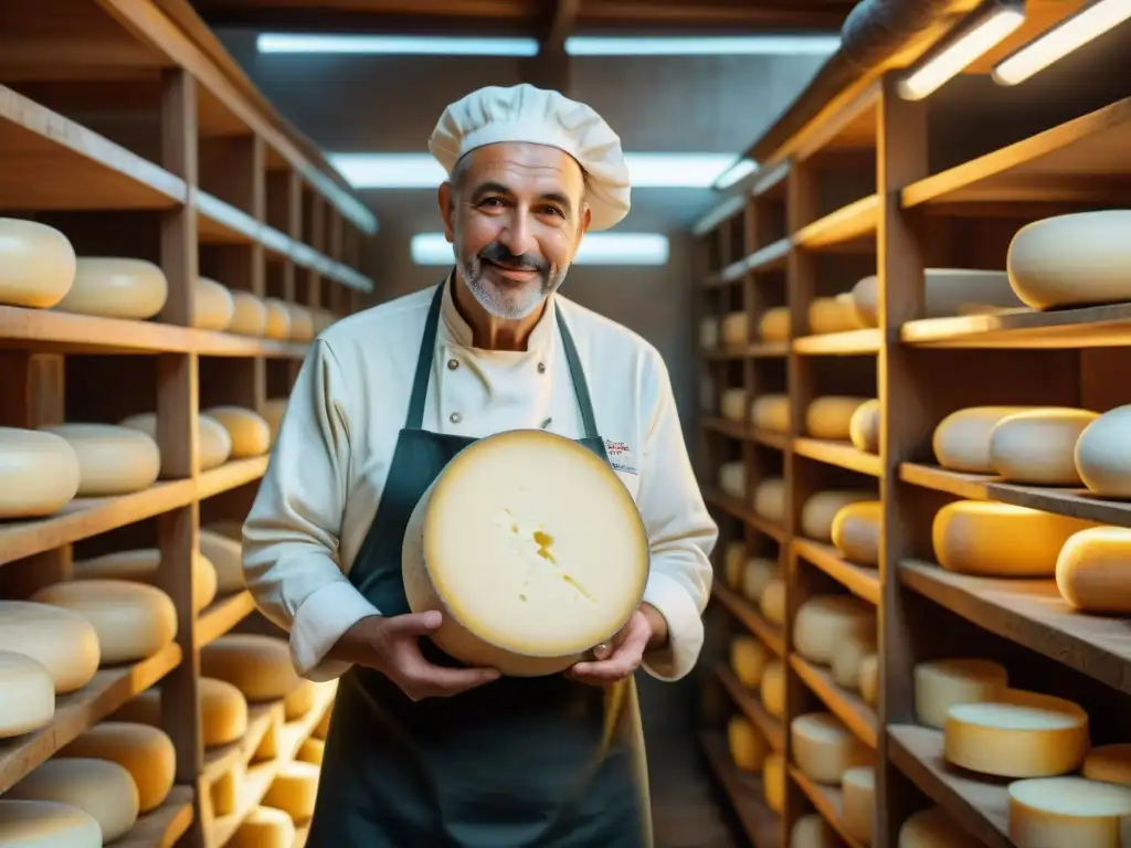 Experto quesero italiano moldeando Parmigiano Reggiano