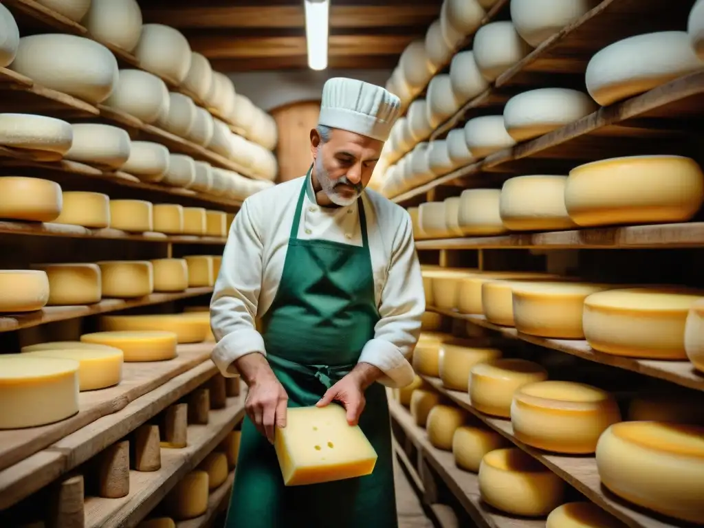 Experto quesero italiano elaborando Pecorino Romano en bodega rústica