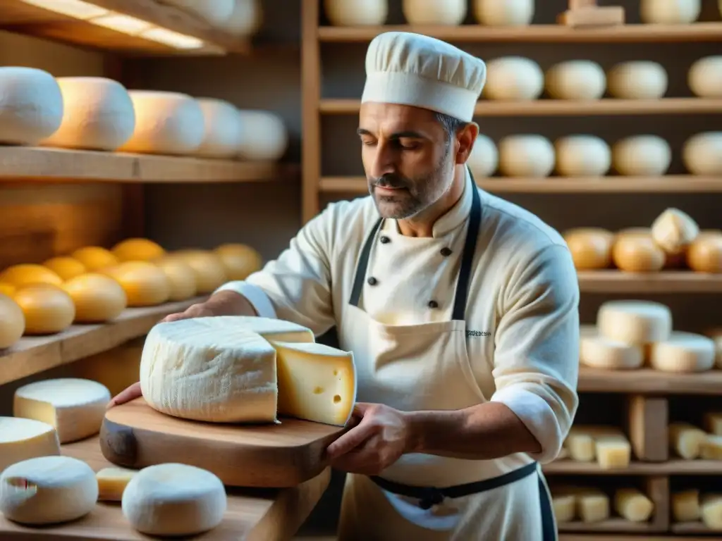 Un experto quesero italiano envuelve suavemente el queso Stracchino, mostrando su textura cremosa y consistencia delicada