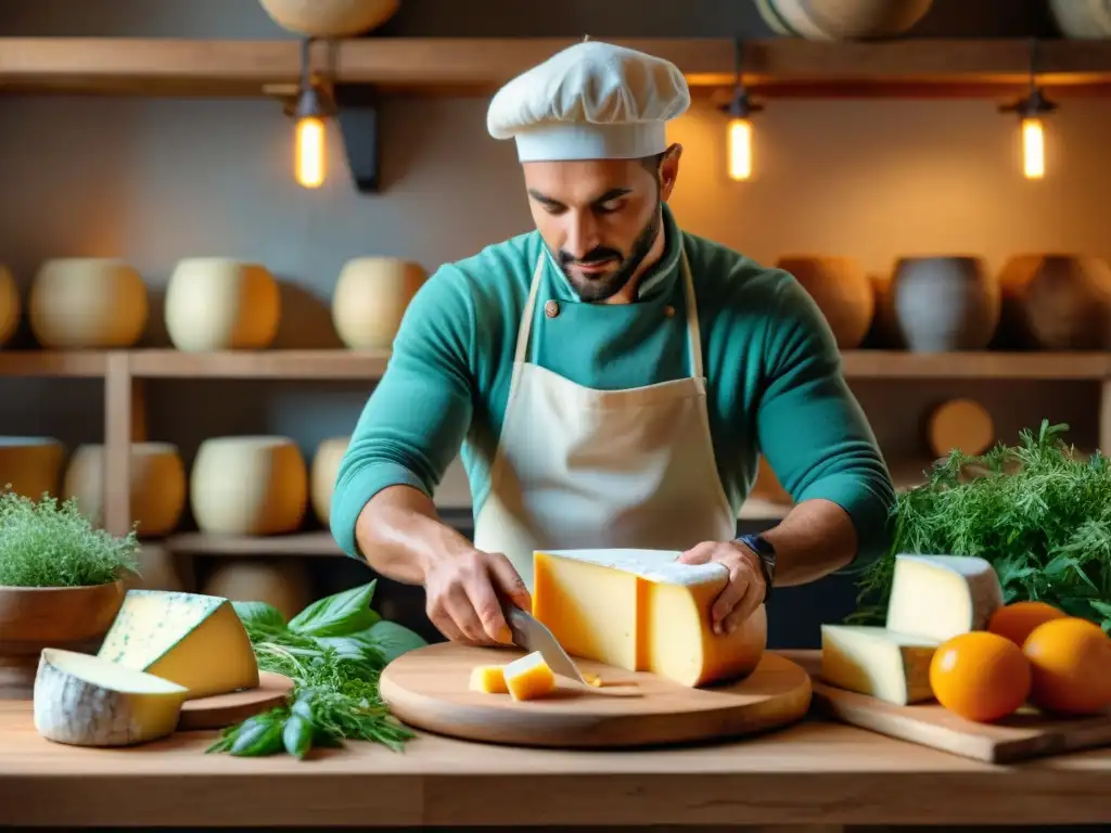 Un experto quesero italiano crea un queso vegano en una cocina rústica