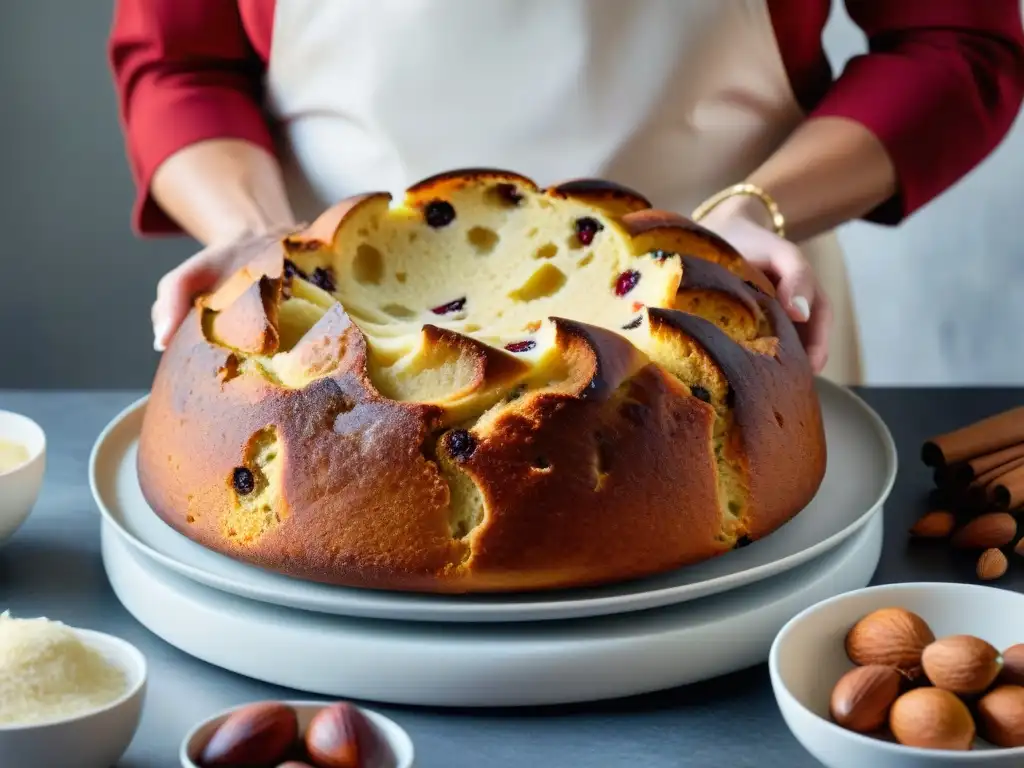 Un experto repostero mezcla con delicadeza la receta panettone navideño ligero, resaltando texturas y colores vibrantes