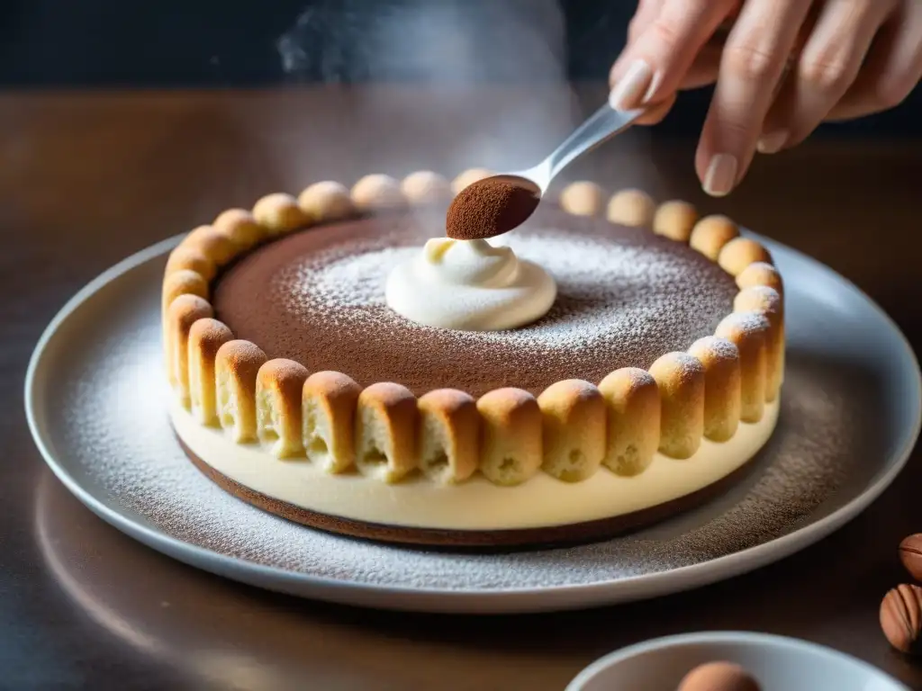 Un experto repostero prepara con destreza un tiramisú tradicional, mostrando el origen y evolución del tiramisú en una cocina bulliciosa