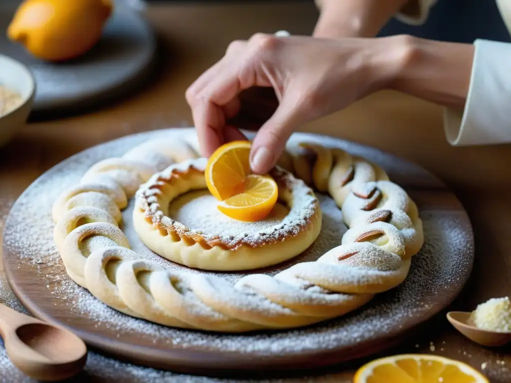 Un experto repostero italiano moldea cuidadosamente la masa de Taralli Dolci, destacando la auténtica receta italiana