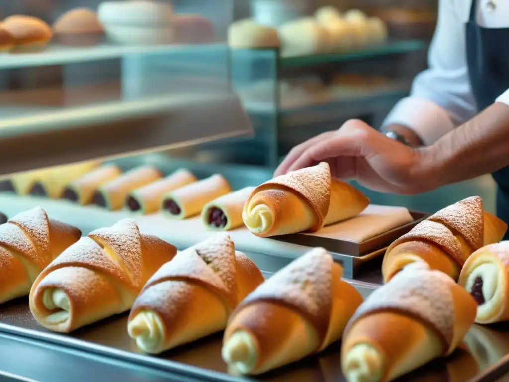 Experto repostero italiano decorando cannoli en pastelería llena de postres