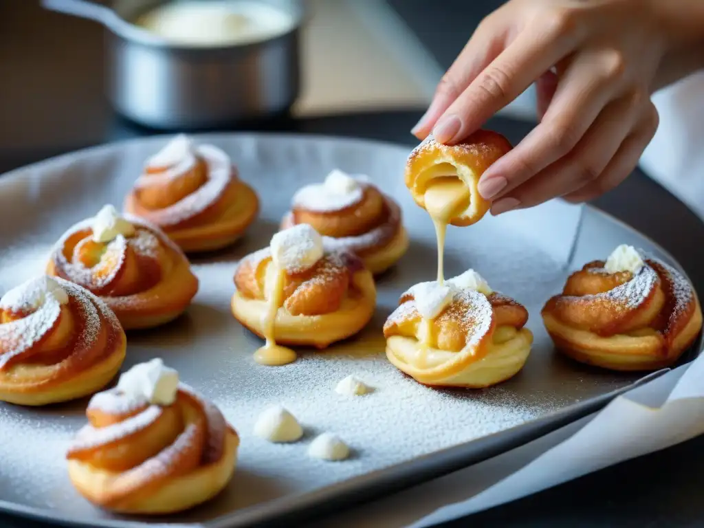 Un experto repostero rellena con destreza las Zeppole di San Giuseppe, mostrando su crujiente exterior dorado y su interior cremoso y delicioso