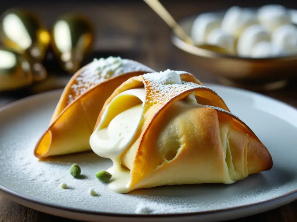 Un experto repostero rellena con destreza cannoli sicilianos recién hechos en una cocina tradicional