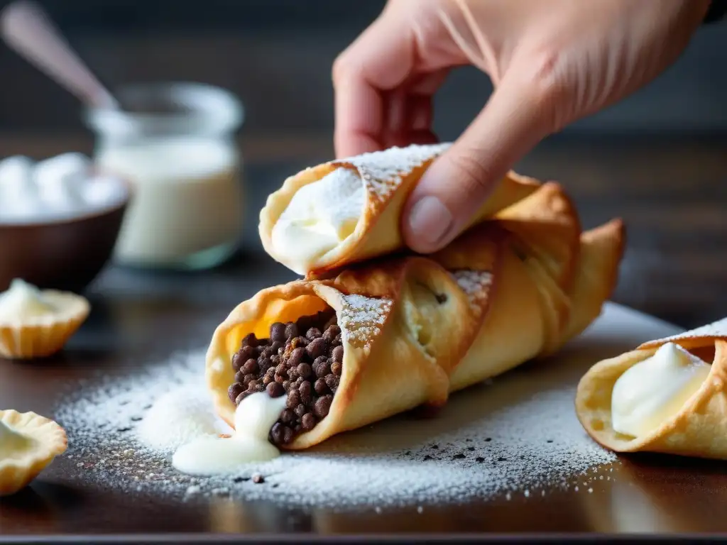 Un experto repostero siciliano rellena cannoli con ricota y chispas de chocolate, en una cocina rústica