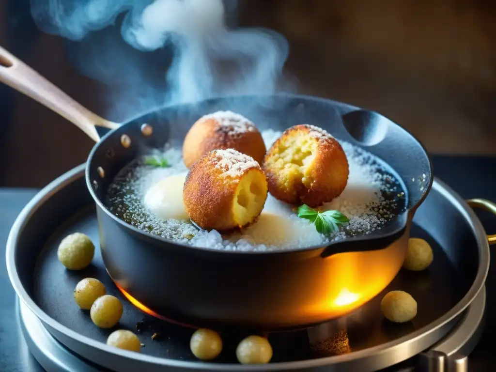 Un experto chef fríe delicadamente arancini de setas vegetarianos en una cocina rústica italiana