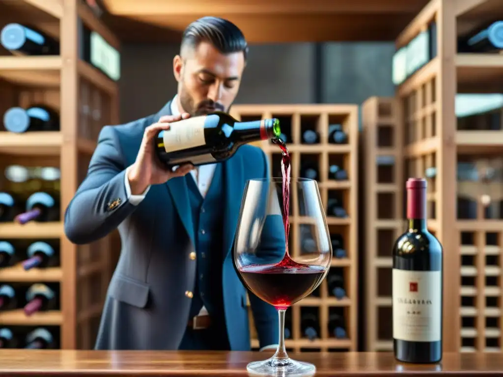 Un experto sumiller sirviendo un rico Aglianico en copa de cristal, con tonos rubí