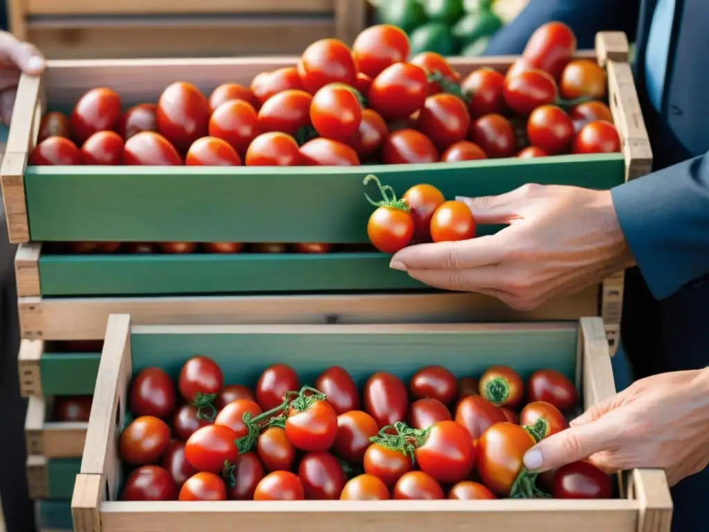 Un experto selecciona tomates San Marzano DOP en un mercado italiano, transmitiendo tradición culinaria