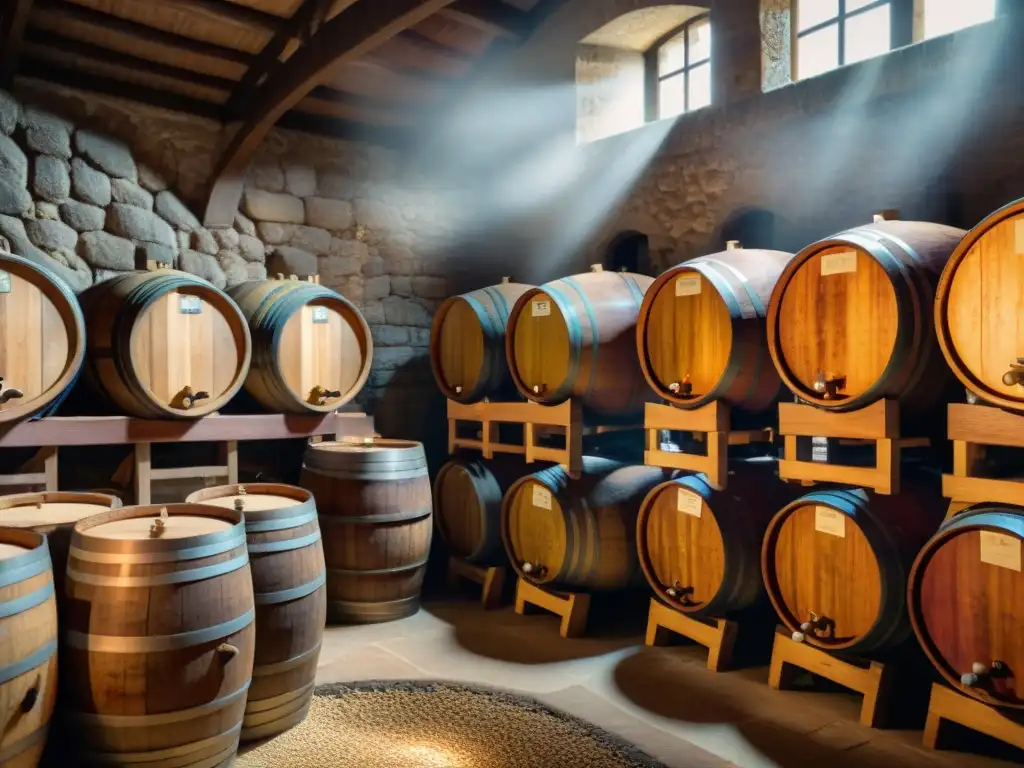 Un experto vinicultor inspecciona la fermentación en el aperitivo italiano, rodeado de barricas de madera y herramientas históricas de la bodega