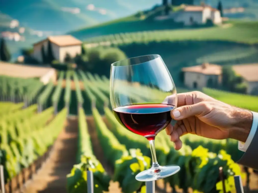 Un experto vinicultor italiano sirviendo un Barolo en una copa cristalina, en un viñedo soleado