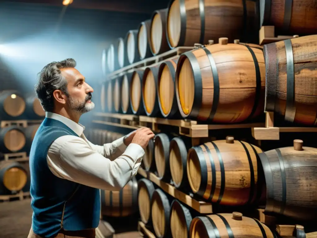 Un experto vinicultor italiano inspecciona barriles de roble con uvas fermentando, en bodegas atmosféricas