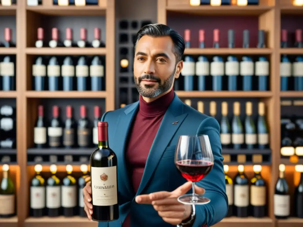 Un experto sommelier sirviendo vino tinto italiano en copa de cristal, rodeado de botellas de vino italiano