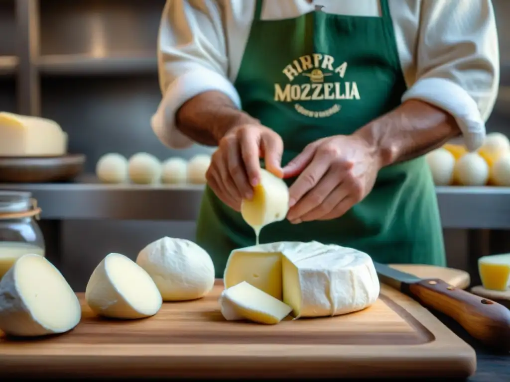 Expertos en la elaboración de Mozzarella di Bufala Campana estirando la masa con destreza