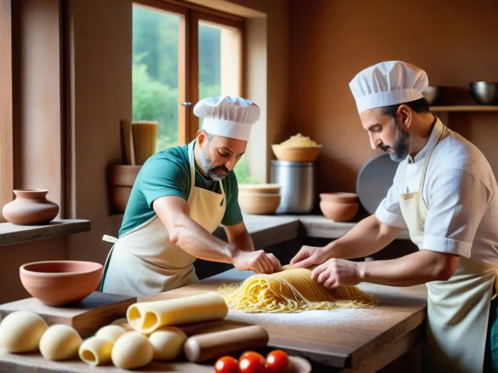 Expertos chefs italianos en un taller tradicional de pasta fresca, mostrando técnicas de cocina con pasión y destreza