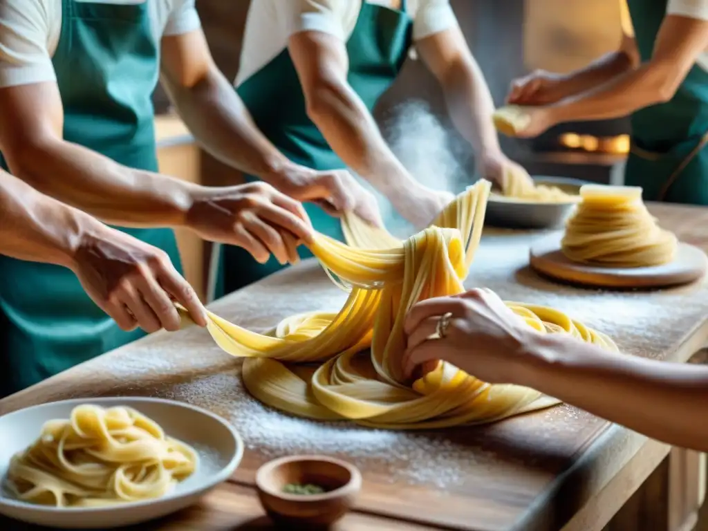 Expertos chefs italianos realizando técnicas de cocina de pasta fresca con pasión y destreza en una escena auténtica