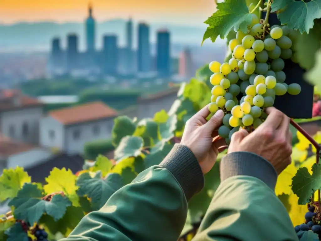 Expertos cuidan con esmero vides verdes en un jardín urbano, cultivar uvas italianas en espacios urbanos