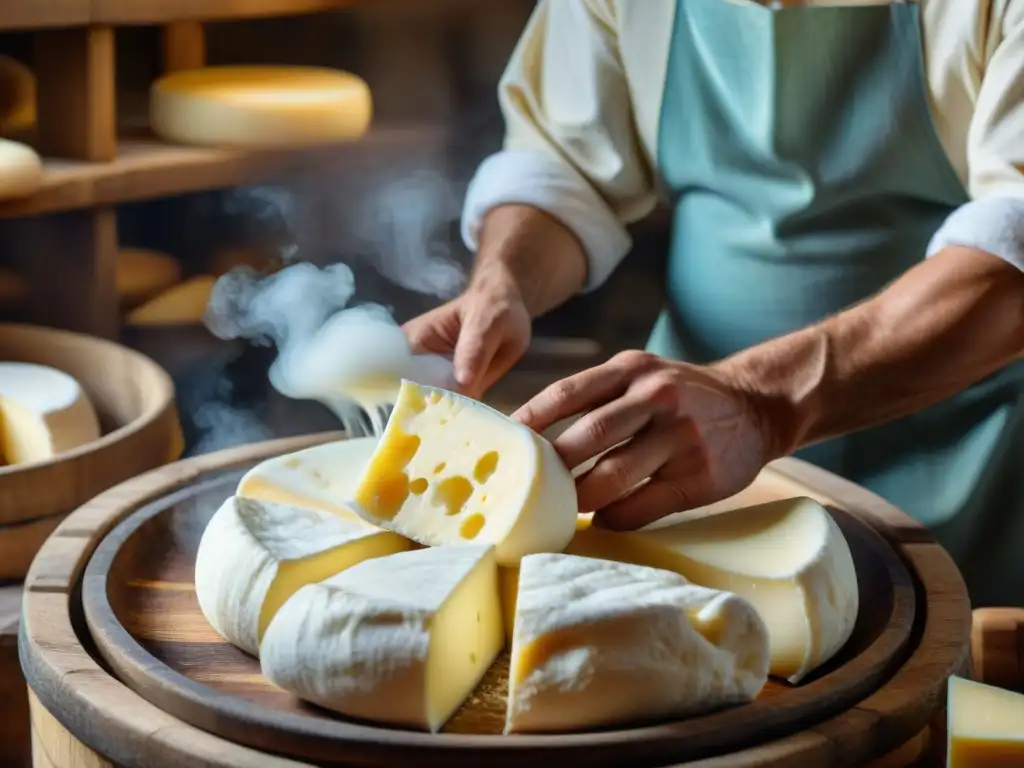 Expertos estiran mozzarella en fábrica de queso italiana, resaltando tradición y calidad